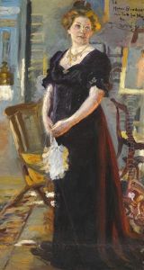Mrs Henny Brodersen In A Purple Dress With A Fan Standing In Front Of The Fireplace