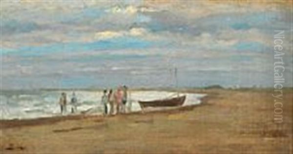 Fishermen By A Boat On The Beach In The Evening - view 1