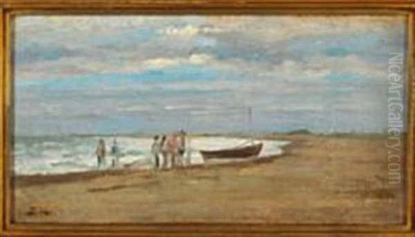 Fishermen By A Boat On The Beach In The Evening - view 1