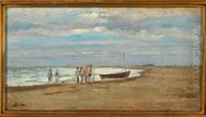 Fishermen By A Boat On The Beach In The Evening by Peder Severin Kroyer