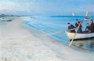 Skagensfiskere Gaa Ud. Tre Fiskere I En Hvid Baad, Hvoraf Kun Et Stykke Ses by Peder Severin Kroyer