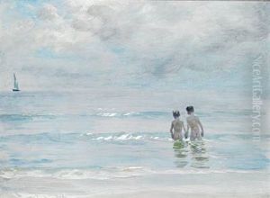 Marinestudie. Diset Graa Sommereftermiddag. To Drenge Sete Fra Ryggen Ude I Vandet by Peder Severin Kroyer