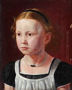 En Lille Pige. Brystbillede En Face. Haarbaand, Perlerad Og Forklaede