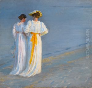 Anna Ancher And Marie Kroyer On The Beach At Skagen by Peder Severin Kroyer