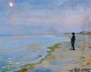 L'heure Bleu In Skagen With Moonlight And A Man On The Beach by Peder Severin Kroyer