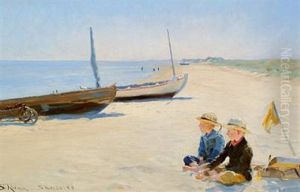 Two Boys Sitting In The Sunshine On Skagen Beach by Peder Severin Kroyer