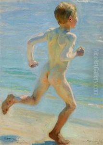 Nogen Dreng, Set Fra Hojre Side I Lob Paa Sandet Ud Mod Vandet by Peder Severin Kroyer