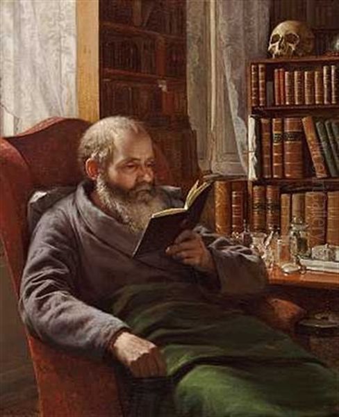 Portraet Af Kunstnerens Plejefar, Professor, Zoolog Henrik Nicolai Kroyer, Siddende I En Rod Laenestol. Han Laeser I En Bog - view 1