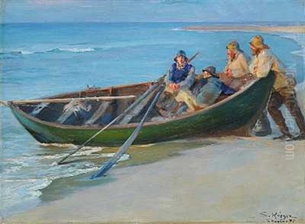Skagen Nordstrand. En Gron Baad I Strandkanten. To Fiskere Sidde I Baaden, To Laene Sig Frem Til Dens Raeling - view 1