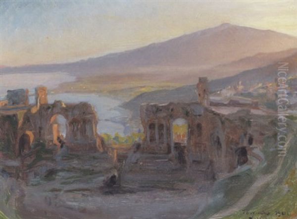 Aftenlandskab Ved Det Antikke Teater I Taormina Med Udsigt Over Aetna Og Golfen - view 1