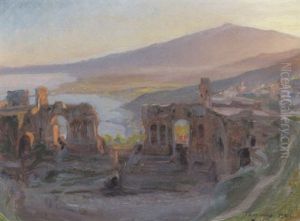 Aftenlandskab Ved Det Antikke Teater I Taormina Med Udsigt Over Aetna Og Golfen