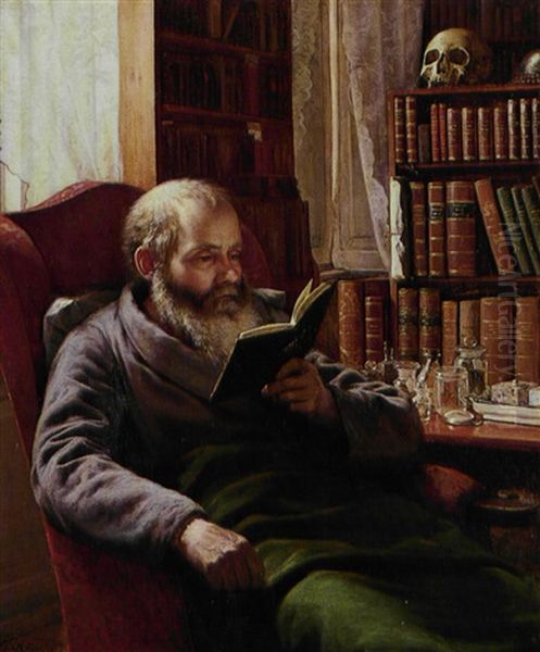 Portraet Af Kunstnerens Plejefar, Professor Zoolog Henrik Nicolai Kroyer, Siddende I En Rod Laenestol, Laeser I En Bog - view 1