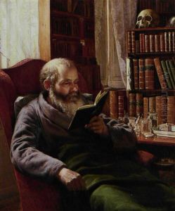 Portraet Af Kunstnerens Plejefar, Professor Zoolog Henrik Nicolai Kroyer, Siddende I En Rod Laenestol, Laeser I En Bog by Peder Severin Kroyer