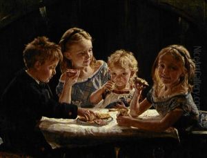 Bornegruppe. Portraeter Af Fire Born Ved Frokosten: Rigmor, Ingrid Regnar Og Astrid Kjaer Bornegruppe. Portraeter Af Fire Born Ved Frokosten: Rigmor, Ingrid Regnar Og Astrid Kjaer