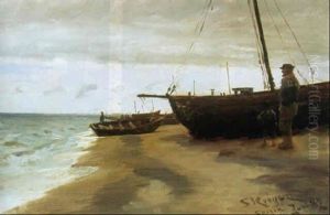 Kystparti Med Fiskerbade Og Fiskere Pa Skagen Strand by Peder Severin Kroyer