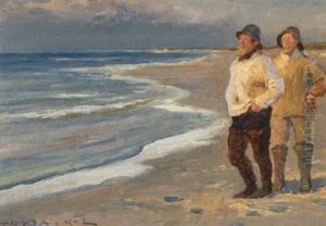 Fiskere I Aftensol Pa Skagen Strand by Peder Severin Kroyer
