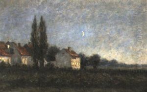 Aftenlandskab Med Huse Og Popler, I Baggrunden M+nen Aftenlandskab Med Huse Og Popler, I Baggrunden M+nen