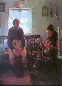 Interior Med Fiskarstuga, En Gammal Kvinna Vid Spinnrocken Och Hennes Man, Som Vaknat Ur Middagsslummern... by Peder Severin Kroyer