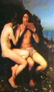 Daphnis Og Cloe. To Siddende Nogne Figurer I Et Landskab.   Han Spiller Pa Flojte