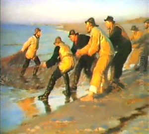 Fiskere Traekke Vad Pa Skagensnordstrand. Sildig Eftermiddag by Peder Severin Kroyer