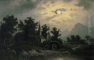 Mondscheinlandschaft Mit Weiher, Romantischem Kirchlein Zwischen Busch- Und Baumwerk Und Berghintergrund