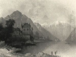 Gebirgspanorama Mit Historischem Turmchenbau Am Ufer