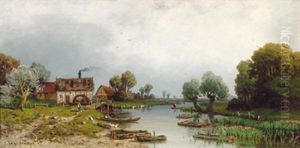 Flusslandschaft Mit Gansen