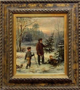 Winterlandschaft In Der Abendrote Mit Vater Und Sohn Beim Fallen Des Weihnachtsbaums