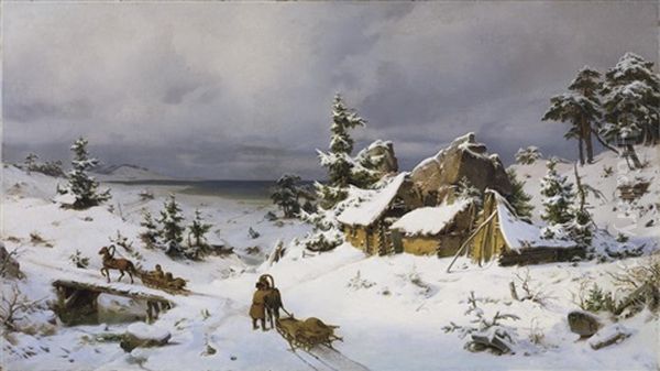 Tief Verschneite Russische Landschaft An Einem Seeufer - view 1