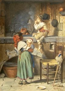 Italienisches Kucheninterieur Mit Kindern Und Jungen Beim Rauchen by Q. Becker