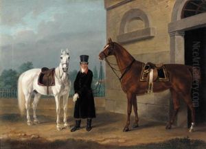Two Saddled Mounts: A Dapple Grey And A Chestnut Horse With A Liveried Stable-hand Two Saddled Mounts: A Dapple Grey And A Chestnut Horse With A Liveried Stable-hand
