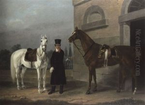 Zwei Gesattelte Reitpferde, Fuchs Und Schimmel Mit Einem Livrierten Reitknecht by Franz Kruger