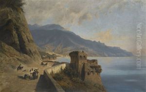 Italian Landscape With Figures, Possibly Sorrento by Hermann (August) Kruger
