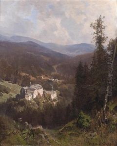 Blick In Eine Weite Landschaft Mit Burganlage by Hermann (August) Kruger