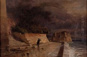 Kustenanlage Bei Sturmischer Gewitterstimmung by Hermann (August) Kruger