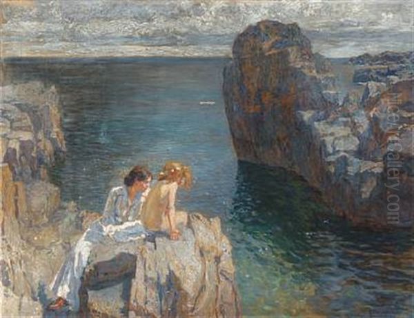 A Mother And Her Daughter Sitting In The Sun On The Rocks, Bornholm - view 1