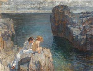 A Mother And Her Daughter Sitting In The Sun On The Rocks, Bornholm by Ferdinand Kruis