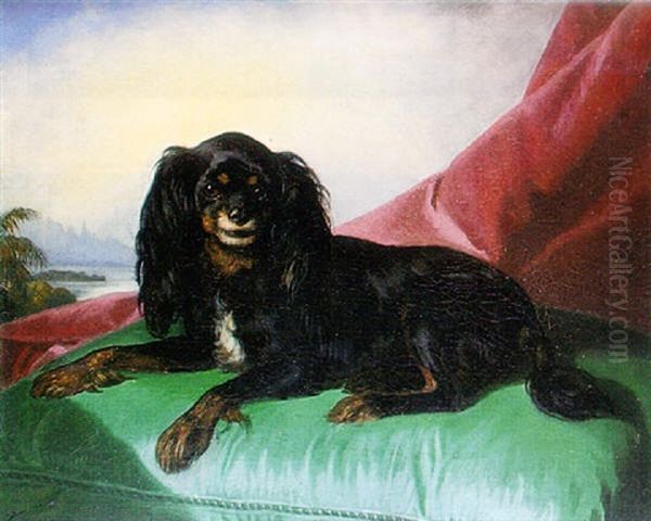 A King Charles Spaniel On A Green Cushion, A Landscape Beyond - view 1