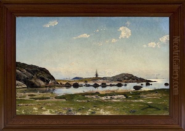 Klippigt Kustlandskap Vid Varberg Med Segelfartyg Och Fyrtorn - view 1