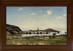 Klippigt Kustlandskap Vid Varberg Med Segelfartyg Och Fyrtorn Klippigt Kustlandskap Vid Varberg Med Segelfartyg Och Fyrtorn