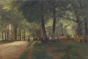 Kvinna Med Rott Parsoll I Parklandskap by Olof Krumlinde
