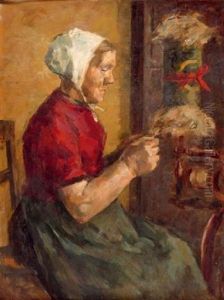 Worpsweder Bauerin Am Spinnrad by Karl Krummacher