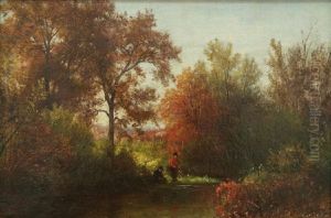 Fall Landscape With Boy Fishing In A Brook by Hendrik Dirk Kruseman van Elten