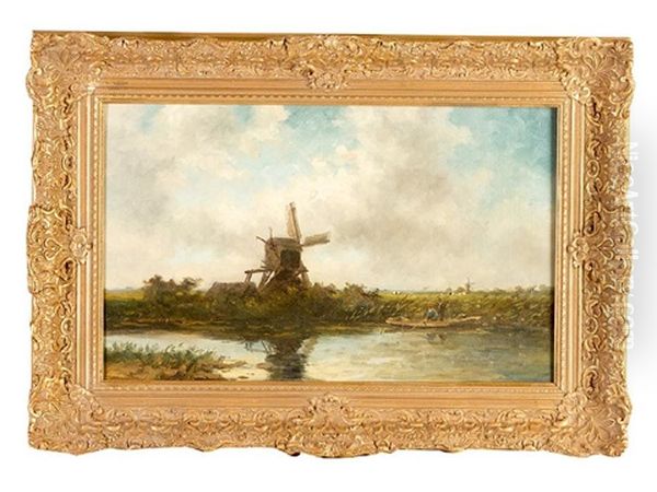Dutch Landscape With Windmill And Couple On A Boat By River by Hendrik Dirk Kruseman van Elten