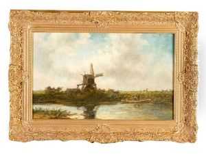 Dutch Landscape With Windmill And Couple On A Boat By River by Hendrik Dirk Kruseman van Elten