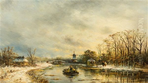 Winter River Landscape With Figures And Mill - view 1