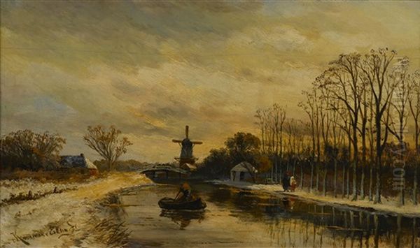 A Winter Landscape With A Boat On A River And A Windmill In The Distance - view 1