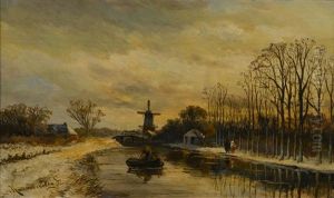 A Winter Landscape With A Boat On A River And A Windmill In The Distance by Hendrik Dirk Kruseman van Elten
