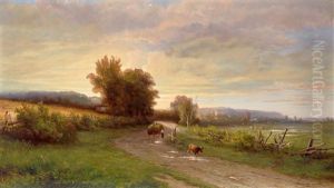 Weite Abendlandschaft Mit Von Der Feldarbeit Heimkehrenden Bauern by Hendrik Dirk Kruseman van Elten