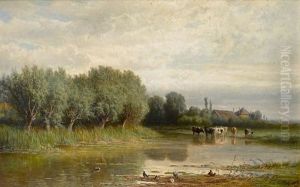 River Landscape With Cattle Watering River Landscape With Cattle Watering